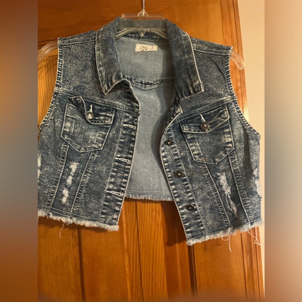 Cropped denim sequenced distressed ripped vest